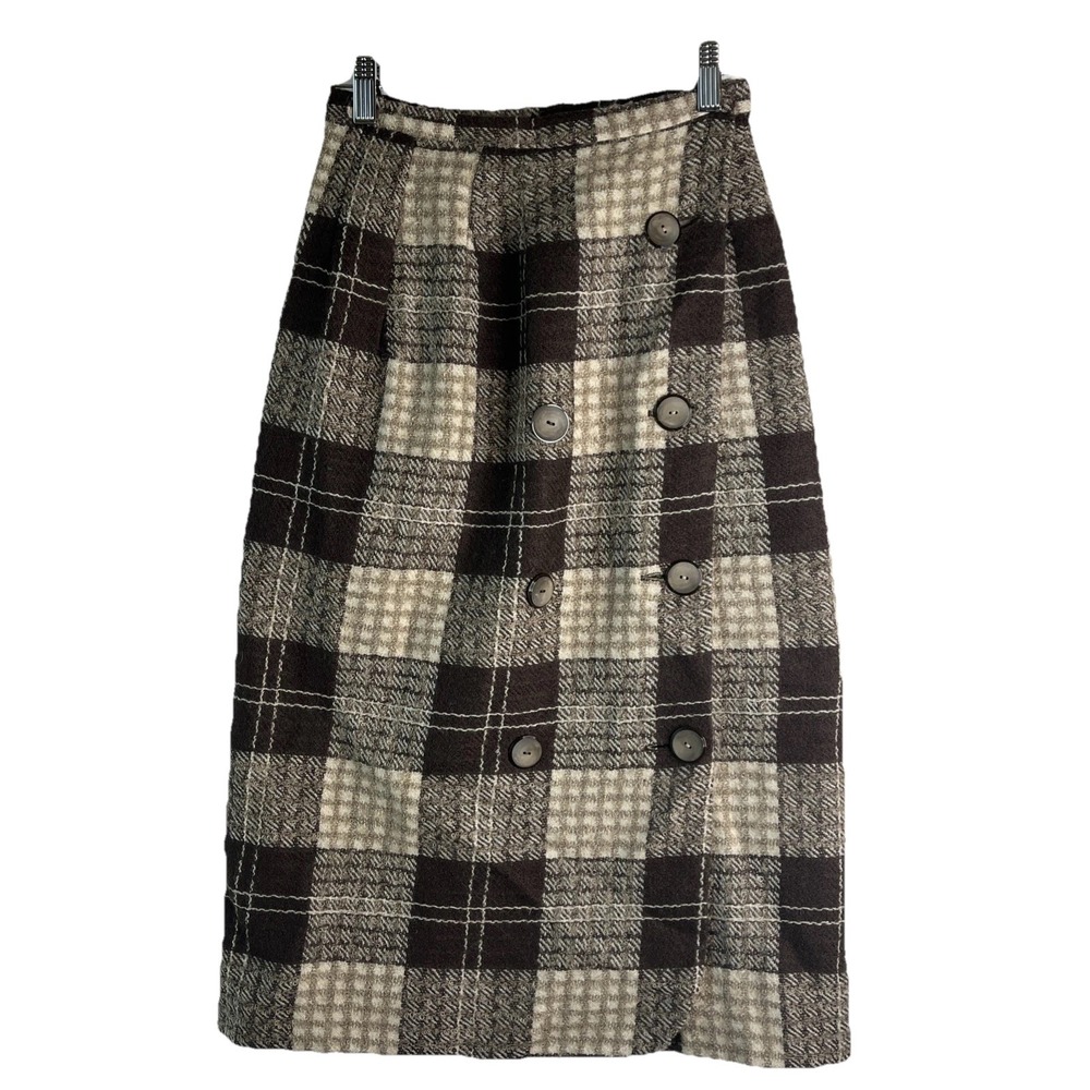 Vtg Tami Sohisticates Long Midi Straight Wrap Wool‎ Plaid Button Skirt Heritage